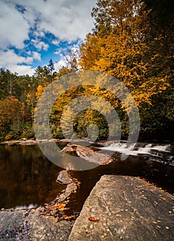 Colorful fall foliage forest and river landscape with a small waterfall