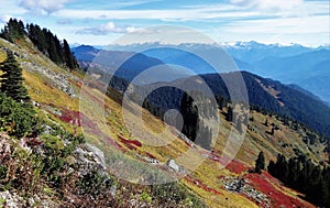 Colorful fall foliage on Saul Mountain with a view of the North Cascades