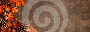 Colorful fall leaves, nuts and pine cone corner border over a rustic dark banner background