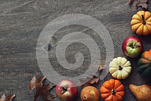 Colorful Fall Thanksgiving Harvest Background with Apples, Pumpkins, Pear Fruit, Leaves, Acorn Squash and Nut Border Over Dark Woo