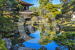 Colorful Fall Water Reflection Ginkakuji Silver Pavilion Temple Kyoto Japan