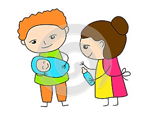 Colorful family scene vector illustration on white background. Mom dad with baby toddler. Cute character outlined icon