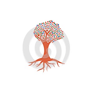 Colorful family tree logo with roots. Vector tree icon. Stock illustration