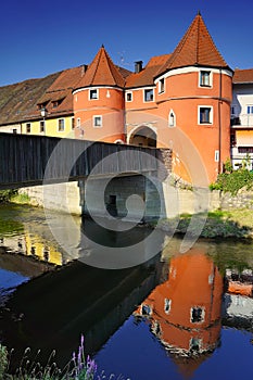 The colorful famous Biertor with the bridge across river Regen in Cham, Bavaria