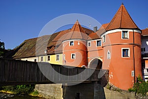 The colorful famous Biertor with the bridge across river Regen in Cham, Bavaria