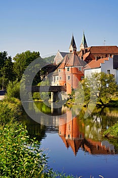 The colorful famous Biertor with the bridge across river Regen in Cham, Bavaria