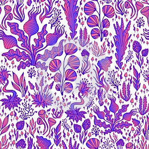 Colorful fantasy abstract decorative surreal flowers seamless pattern, gradient neon color, isolated on white background