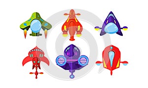 Colorful fantasy aircrafts set, airplanes, spaceships, assets for user interface GUI for mobile apps or video games