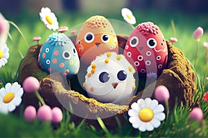 Happy Easter. Colorful fantasy easter eggs decorated in a nest on green grass