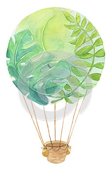 Colorful fantasy fairytale air hot balloon from green leaves painted by watercolor isolated on white background