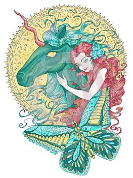 Colorful fantasy illustration with hand drawn beautiful fairy girl or princess and magic unicorn