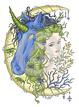 Colorful fantasy illustration with hand drawn beautiful fairy girl or princess and magic unicorn horse