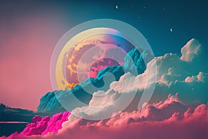 colorful fantasy landscape with full moon and clouds. 3d illustration