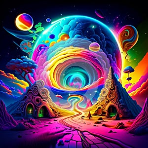 Colorful fantasy landscape with planet, moon, stars and houses. AI generated