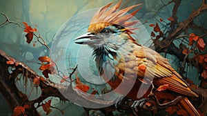Colorful Fantasy Realism: Bird Riding On Branch Painting