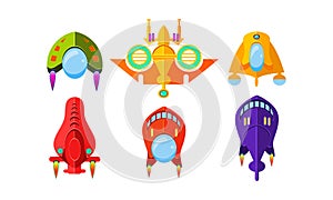 Colorful fantasy spaceships set, airplanes, alien aircraft, design elements for mobile or computer game interface vector