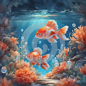 Colorful fantasy underwater seascape with beautiful gold fishes. Oil watercolor painting in an abstract style. Generative AI