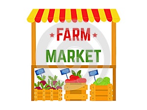 Colorful farm market stall with fresh vegetables in wooden crates. Local produce stand with beets, tomatoes, and lettuce