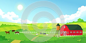 Colorful farm summer landscape, blue clear sky with sun, red barn