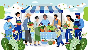 Colorful Farmers Market Scene with Diverse Shoppers and Sellers photo