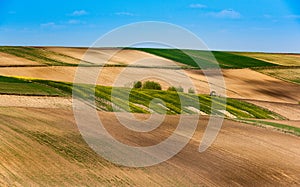 Colorful Farmfields in Coutryside. Farmland and Fields at Rolling Hills