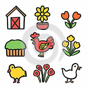 Colorful farmthemed vector icons set featuring barn, flower pot, tulips, pie, chicken, chick