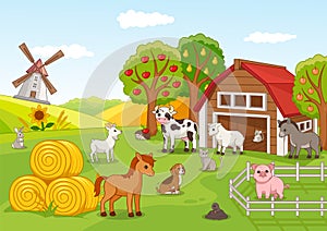 Colorful farmyard with animals and fruit orchard