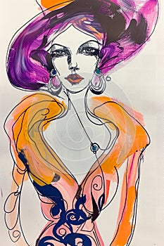 Colorful Fashion Illustration of a Chic Woman in an Elegant Hat and Dress