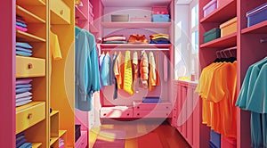 Colorful fashion wardrobe filled with various stylish clothes