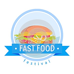 Colorful fast food festival logo with a juicy burger. Banner with cheeseburger and stylized text. Food event and burger