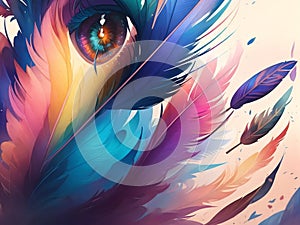 The colorful feather background paints a vibrant canvas that radiates energy and liveliness