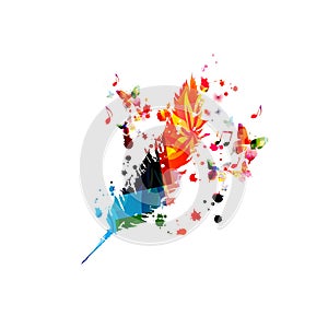 Colorful feather with music notes isolated vector illustration design. Music background. Composing concept, writing, creativity an
