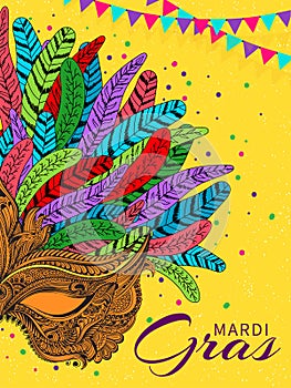 Colorful feather party mask illustration in doodle style on on yellow background.