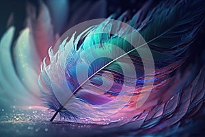 a colorful feather is shown on a black background with a blue and pink hued feather in the center of