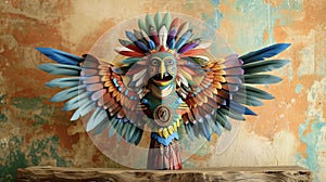 A colorful feathered angel with birdlike wings and a mischievous grin portraying the mischievous and playful nature of