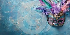 Colorful feathered masquerade mask against textured blue background, vibrant and festive design, perfect for photo