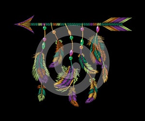 Colorful feathers arrow embroidery. Boho tribal clothes american indian bird motif ethnic embroidered background