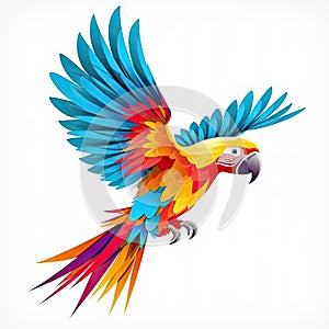 Colorful feathers on the back of parrot. Scarlet macaw bird on white background. Blue, yellow, red, purple colors