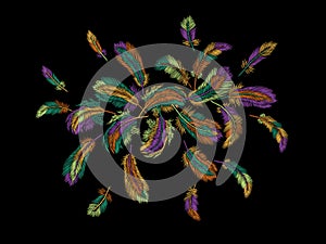 Colorful feathers embroidery round arrangement. Boho tribal clothes indian bird classic embroidered background