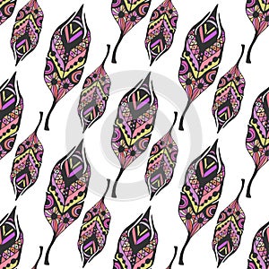 Colorful feathers seamless pattern in zentangle style. Hand drawn doodle ethnic ornament pattern with vector feathers