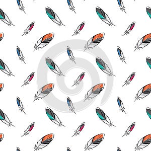 Colorful feathers vector seamless pattern on white background
