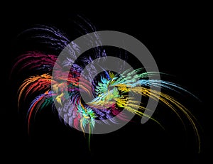 Colorful feathers are woven into a wreath and diverge in different directions on a black background. Element of graphic design.