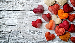 Colorful felt hearts scattered on a rustic white wooden surface