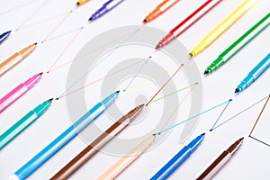 Colorful felt-tip pens on white background with connected drawn lines, connection and communication concept.