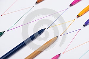 Colorful felt-tip pens on white background with connected drawn lines, connection and communication concept.