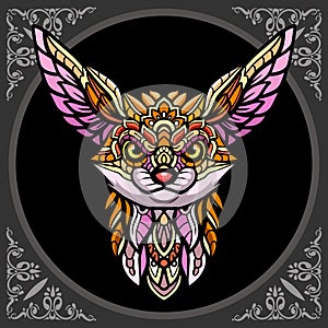 Colorful fennec fox head zentangle art, isolated on black background