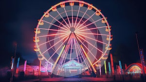 Colorful Ferris Wheel with Rainbow Lights in Dark Amusement Park at Night with