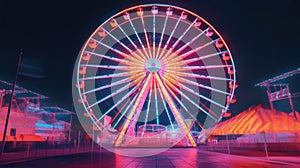 Colorful Ferris Wheel with Rainbow Lights in Dark Amusement Park at Night with