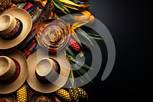 Colorful Festa Junina mockup with fruits, straw hats, palm leaves and flowers on black background