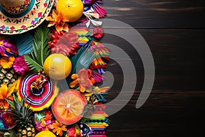 Colorful Festa Junina mockup with fruits, straw hats, palm leaves and flowers on black background